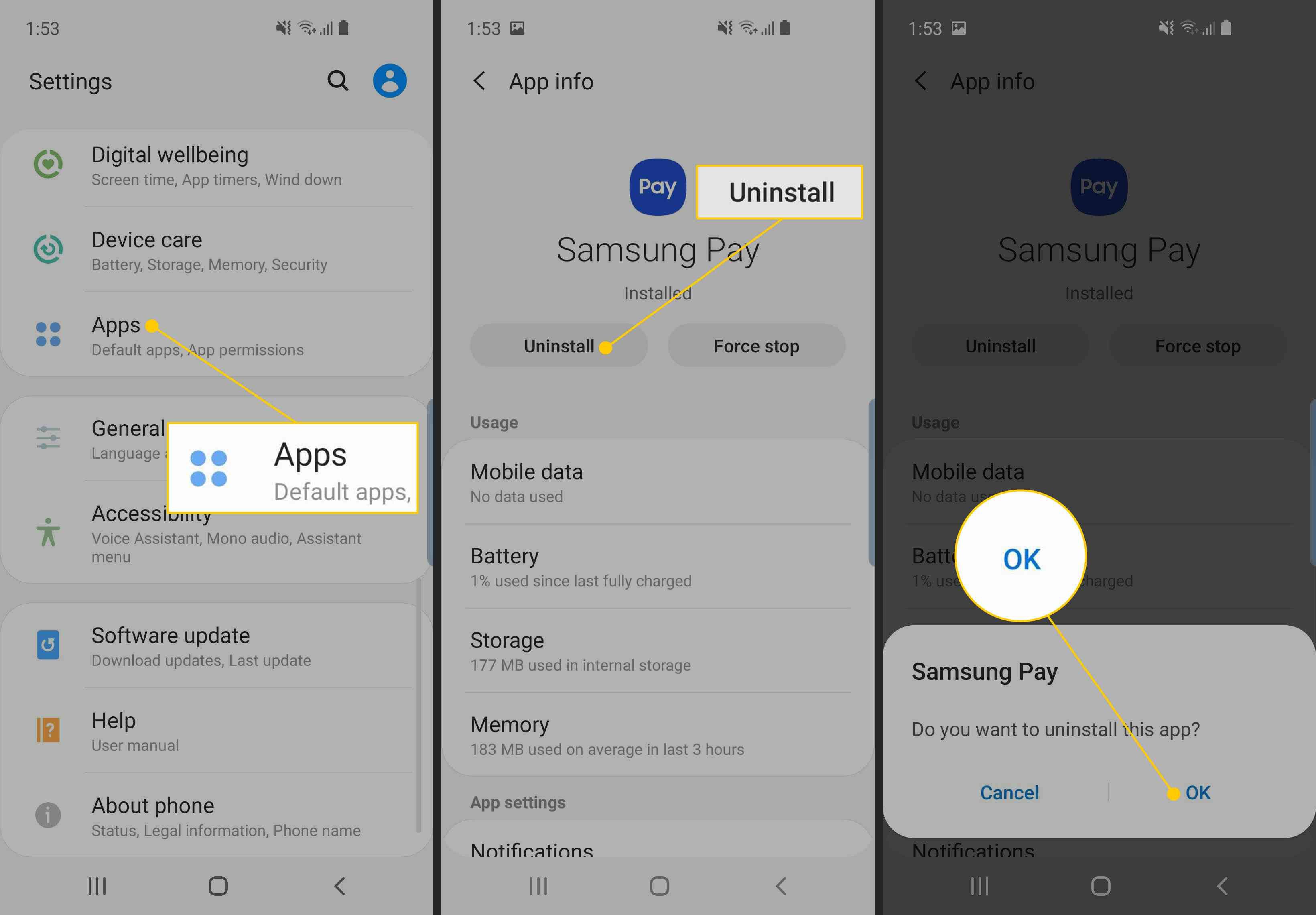 Приложения, кнопка удаления, кнопка ОК на Samsung