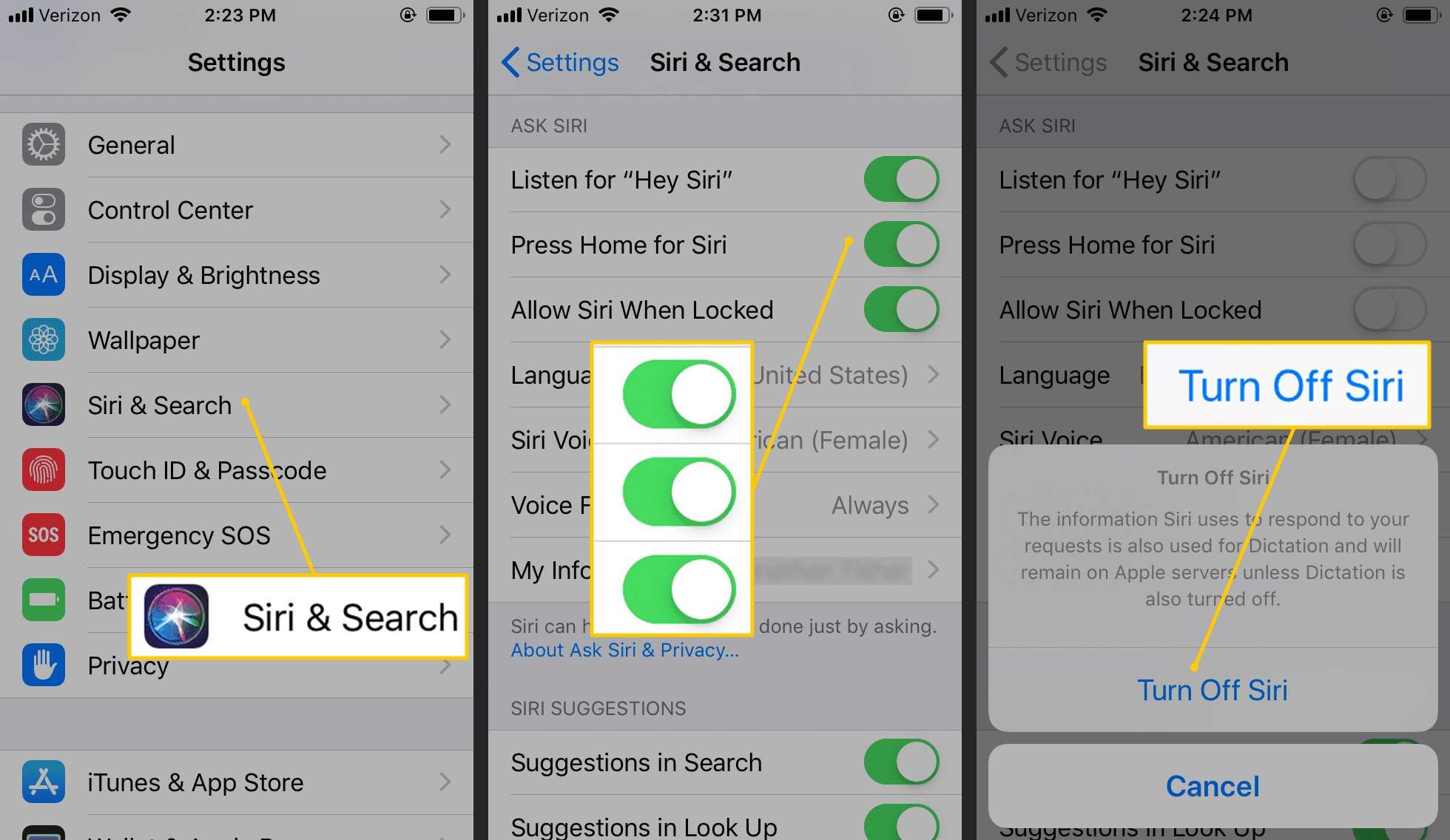Siri & Search, переключатели, отключить Siri в iOS