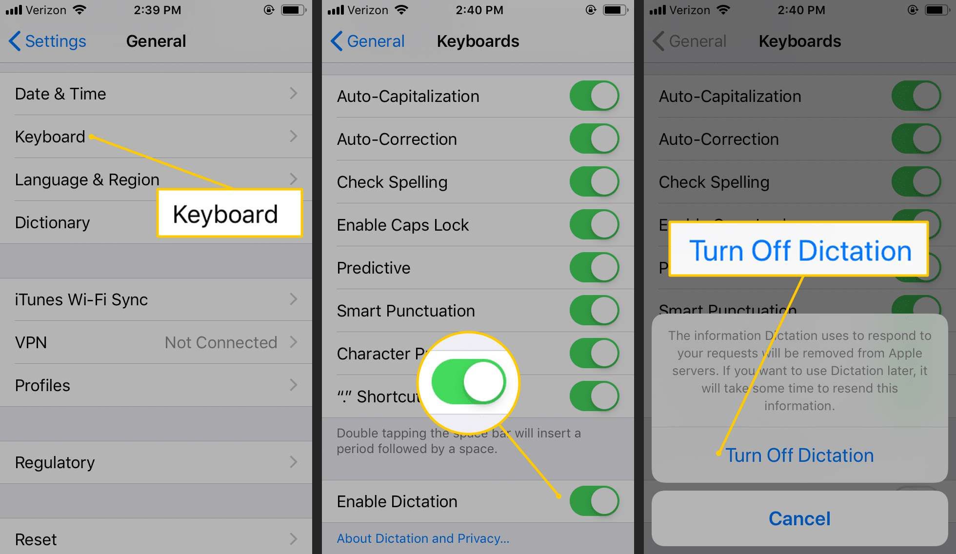 Клавиатура, Включить переключатель диктовки, Отключить диктант на iOS
