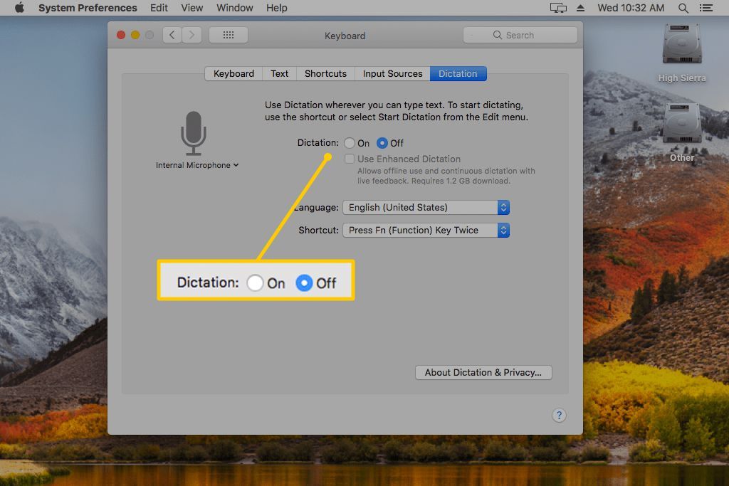 Переключатель Dictation Off в macOS Keyboard Системные настройки