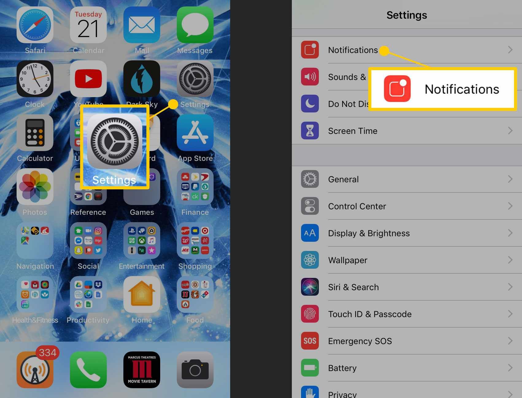 Расположение приложения «Настройки» и меню «Уведомления» на iPhone