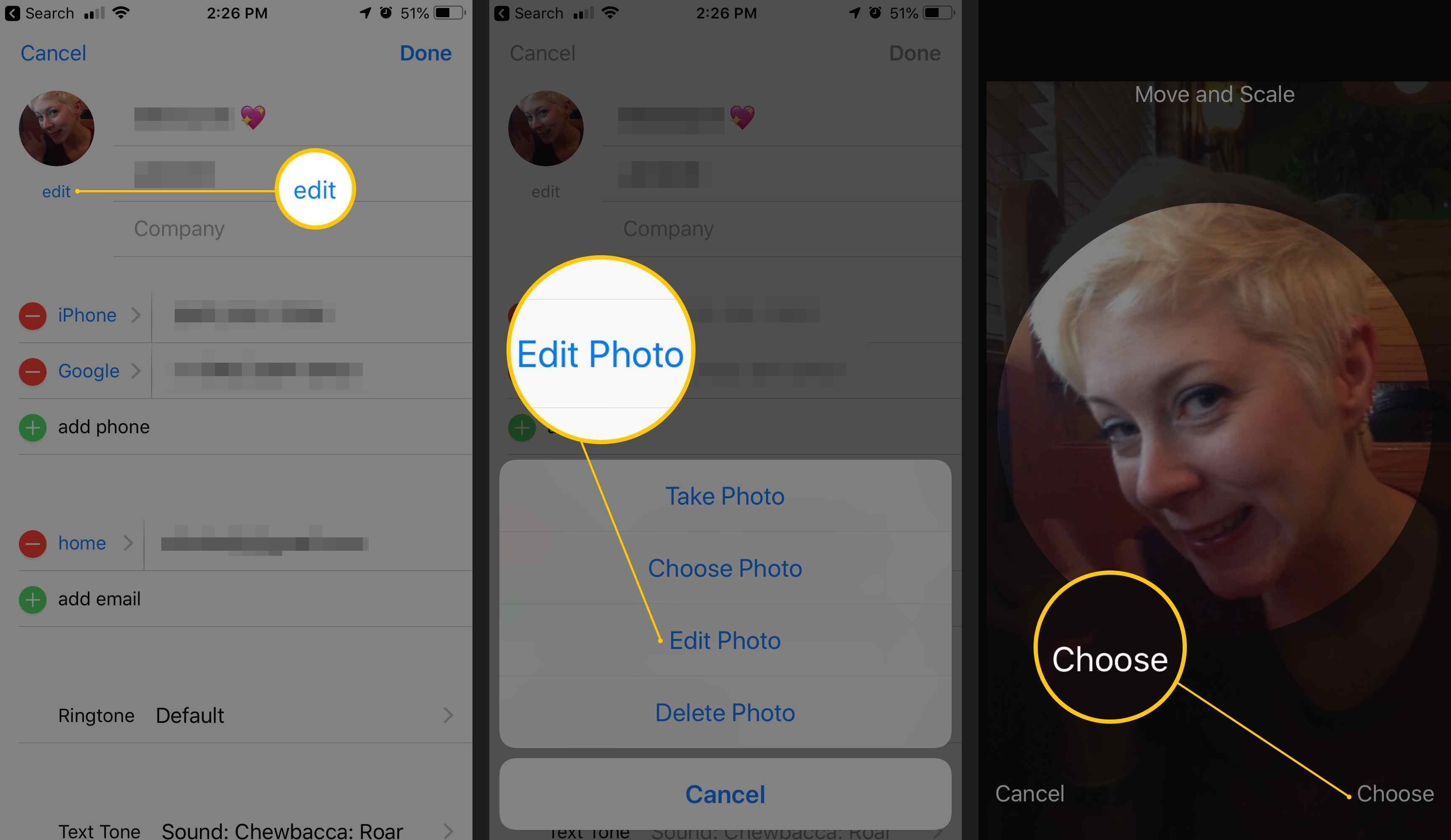 Три экрана iOS, показывающие, как редактировать контакт