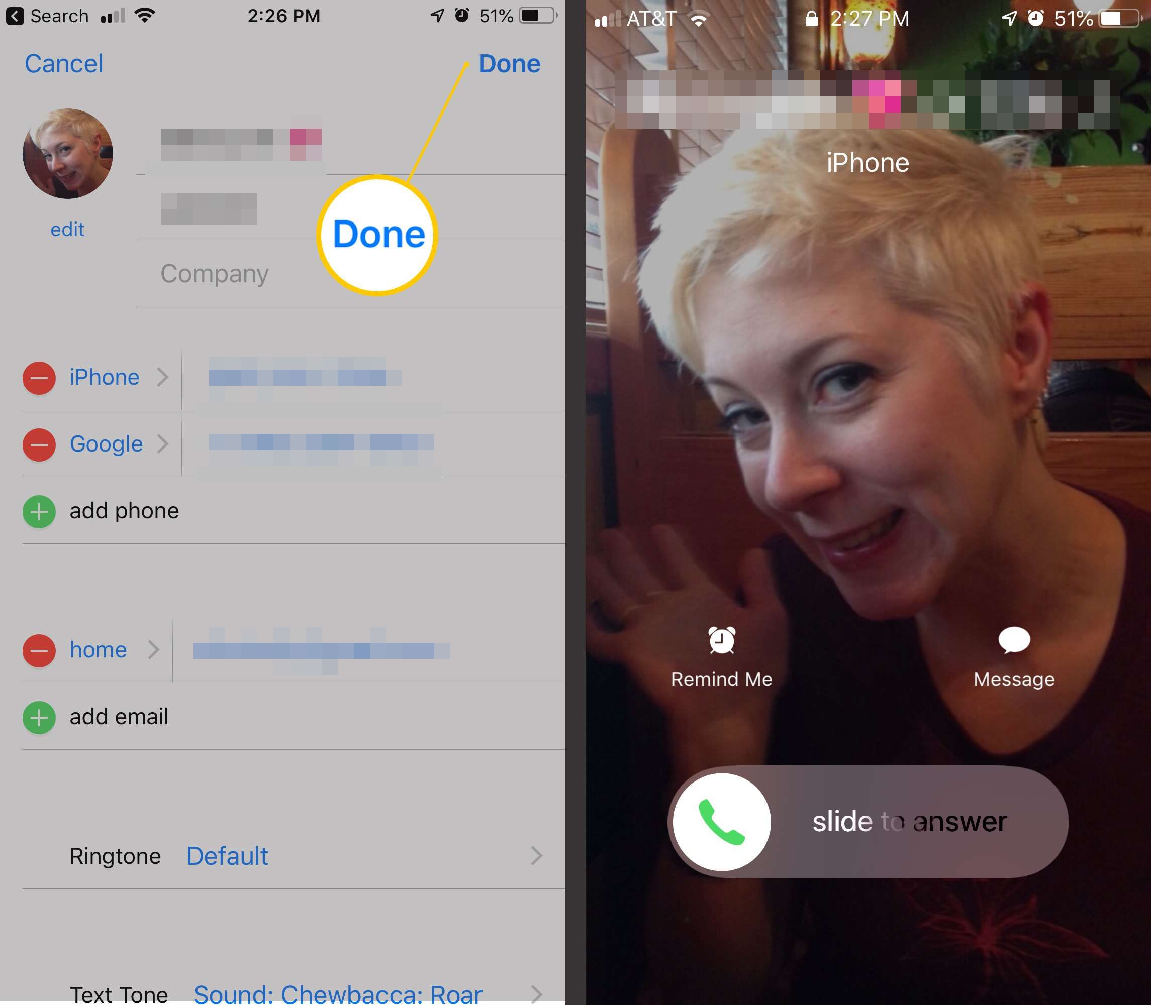 Два экрана iOS с кнопкой «Готово» в контакте и полноэкранной фотографией во время телефонного звонка