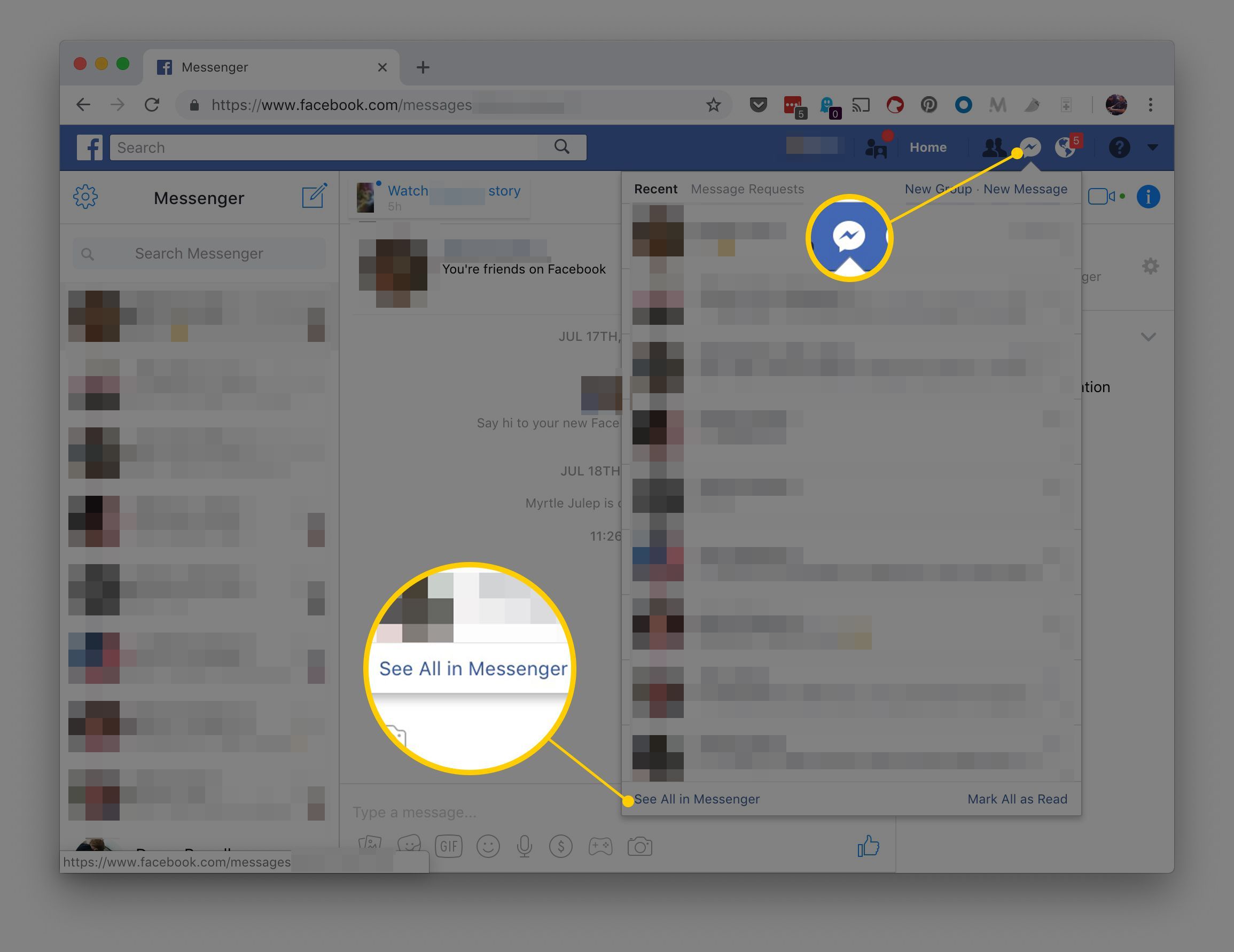 Снимок экрана кнопки Messenger на Facebook через Интернет, показывающий