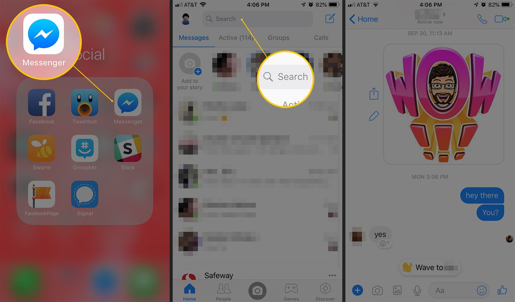 Три экрана iOS с приложением Messenger, панелью поиска и интерфейсом сообщений с искомым человеком