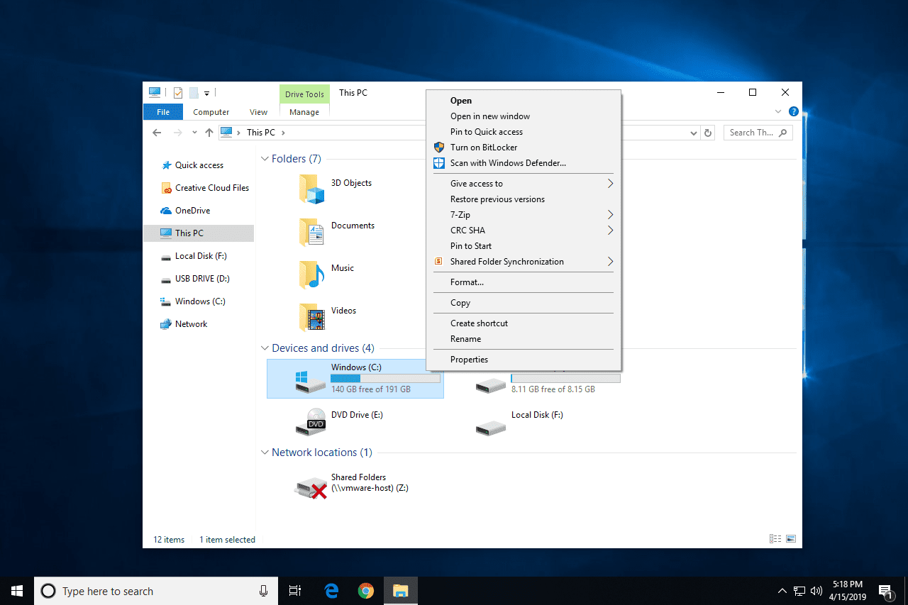 Опции меню жесткого диска Windows 10