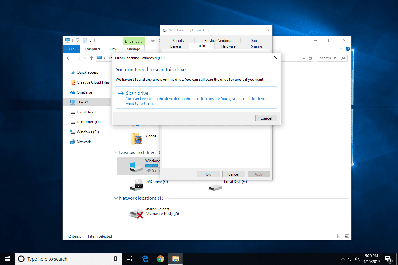 Опция сканирования диска в Windows 10
