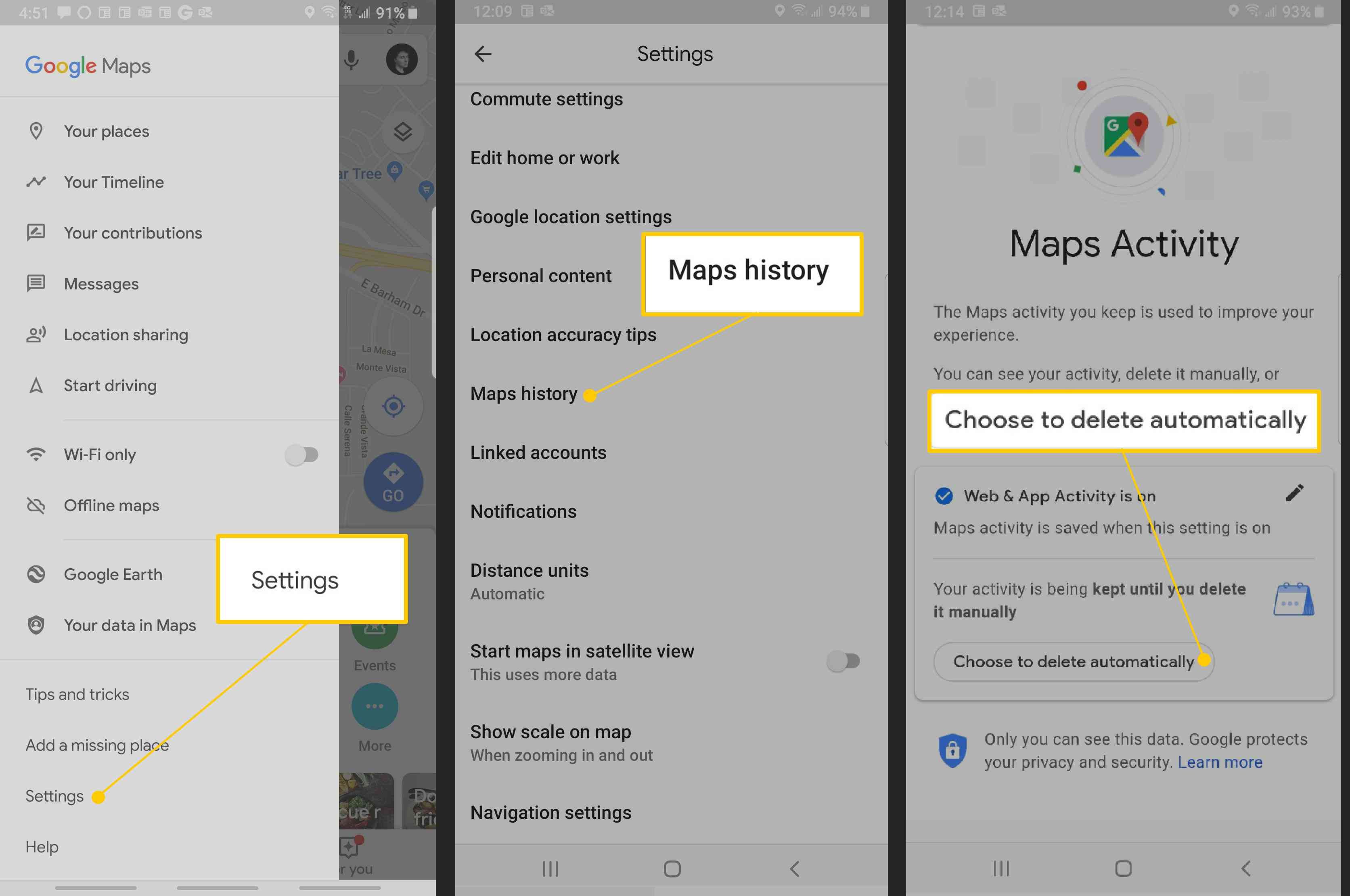 Настройки, История карт, Выберите для автоматического удаления в настройках Google