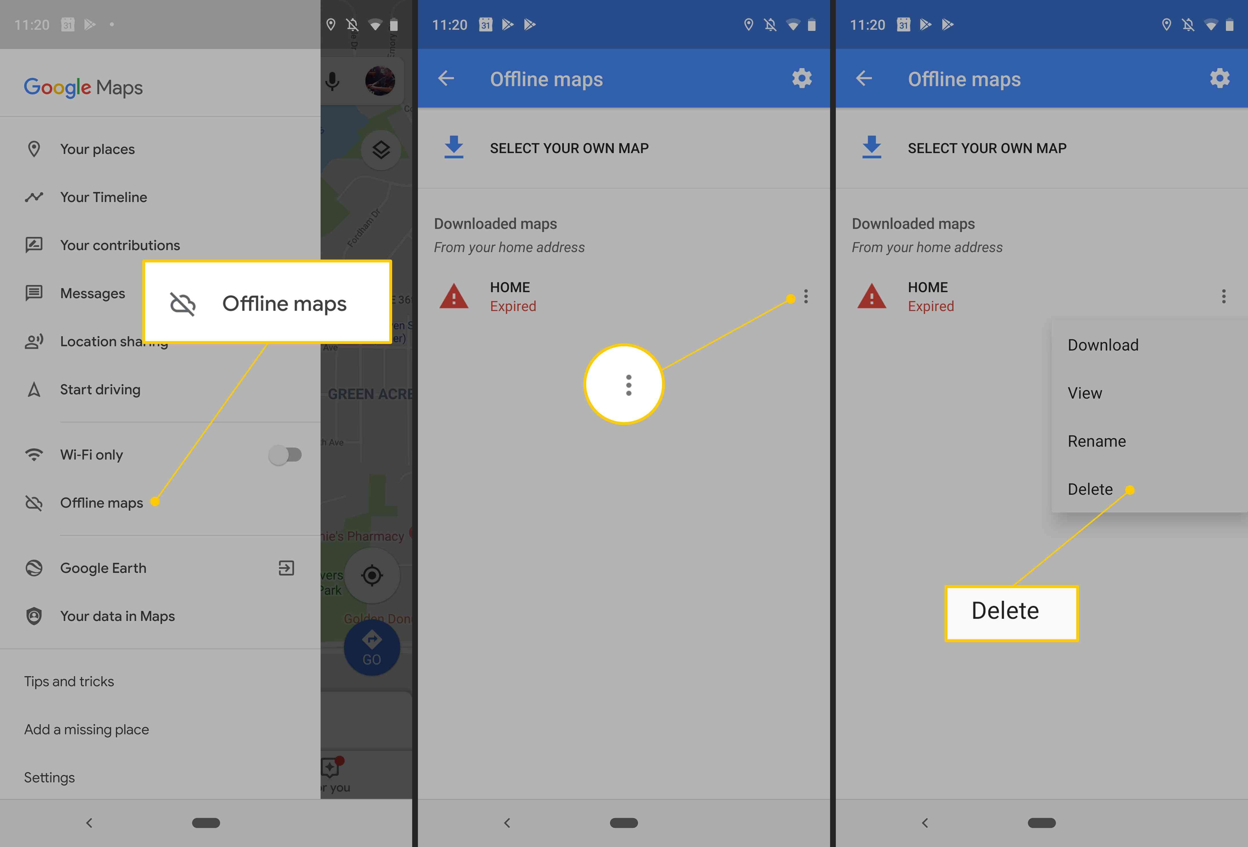 Процесс удаления автономных карт на Android