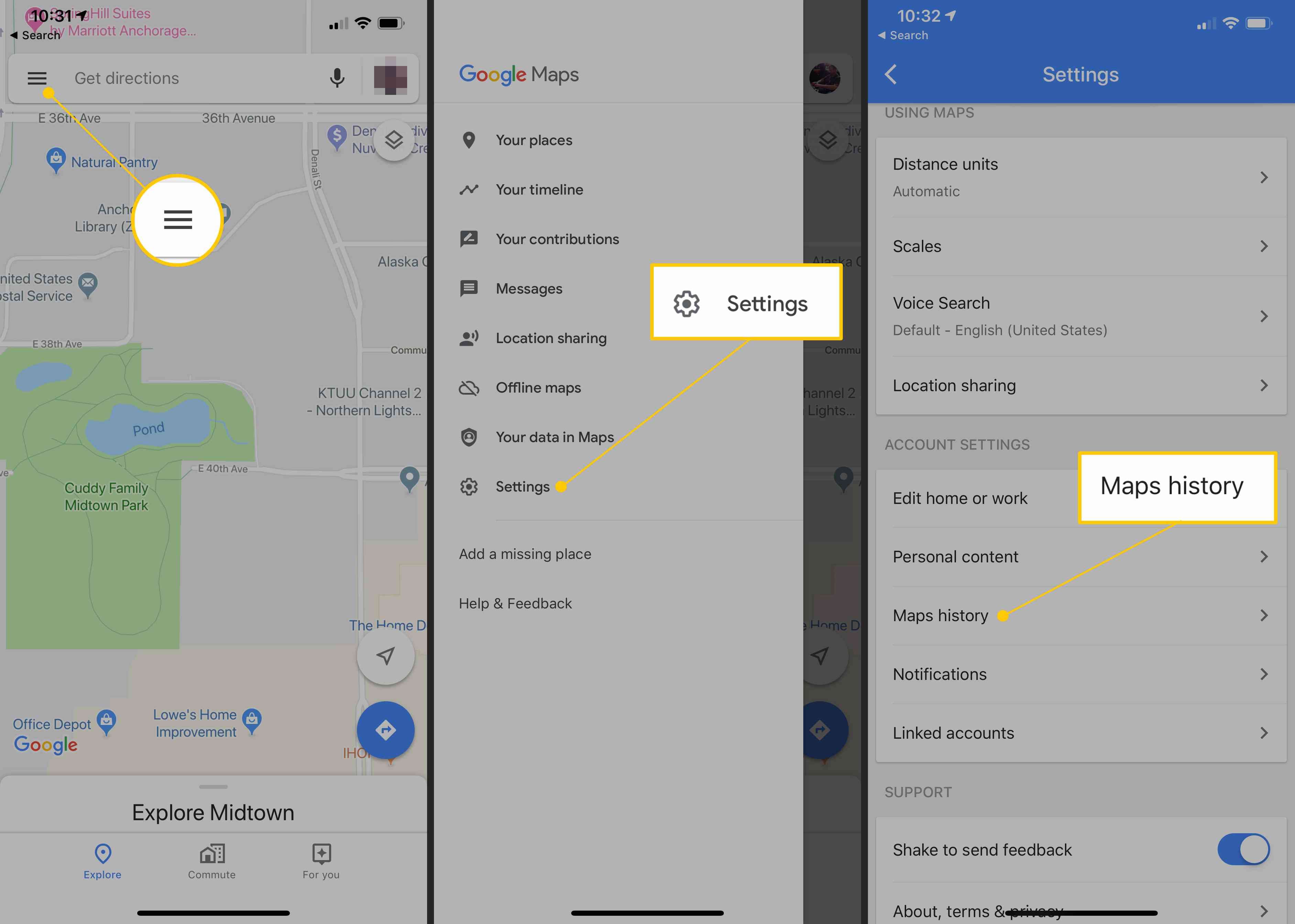 Меню, значок настроек, кнопка истории карт в iOS Google Maps