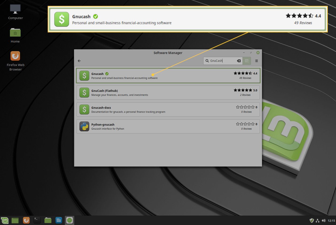 Снимок экрана с GnuCash указан в Mint Software Manager.