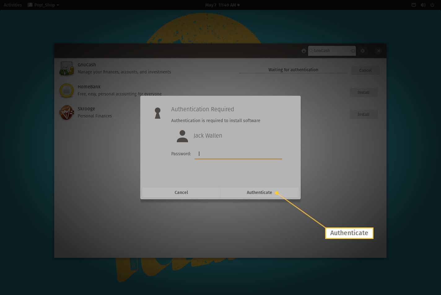 Снимок экрана экрана аутентификации пароля Pop! _OS.