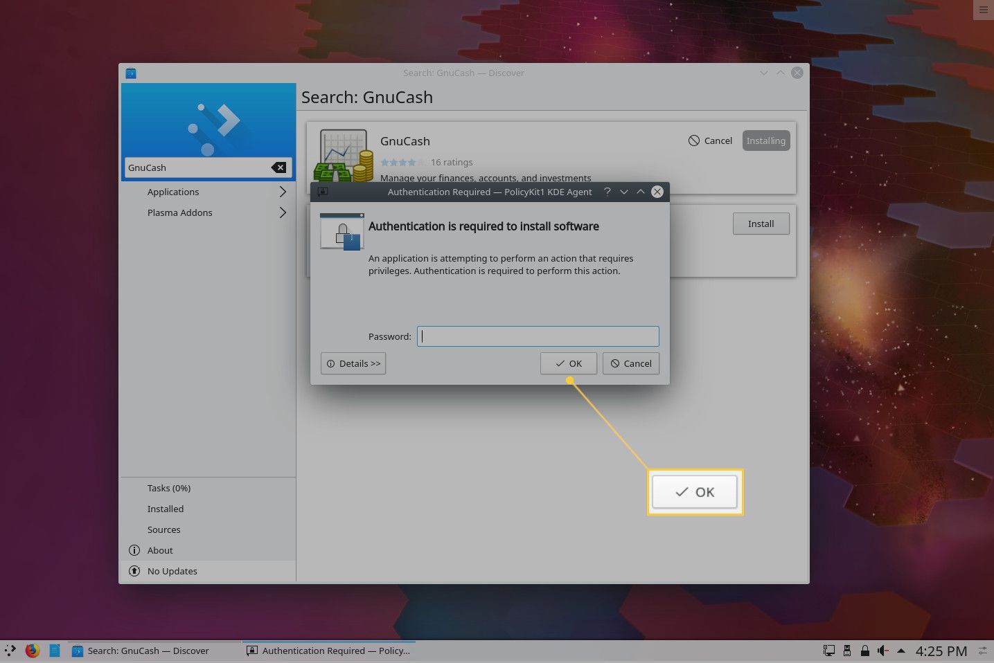Снимок экрана: окно аутентификации KDE Discover.