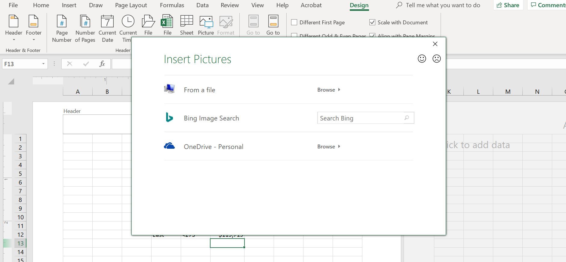 Диалоговое окно «Вставка изображений» в Excel.