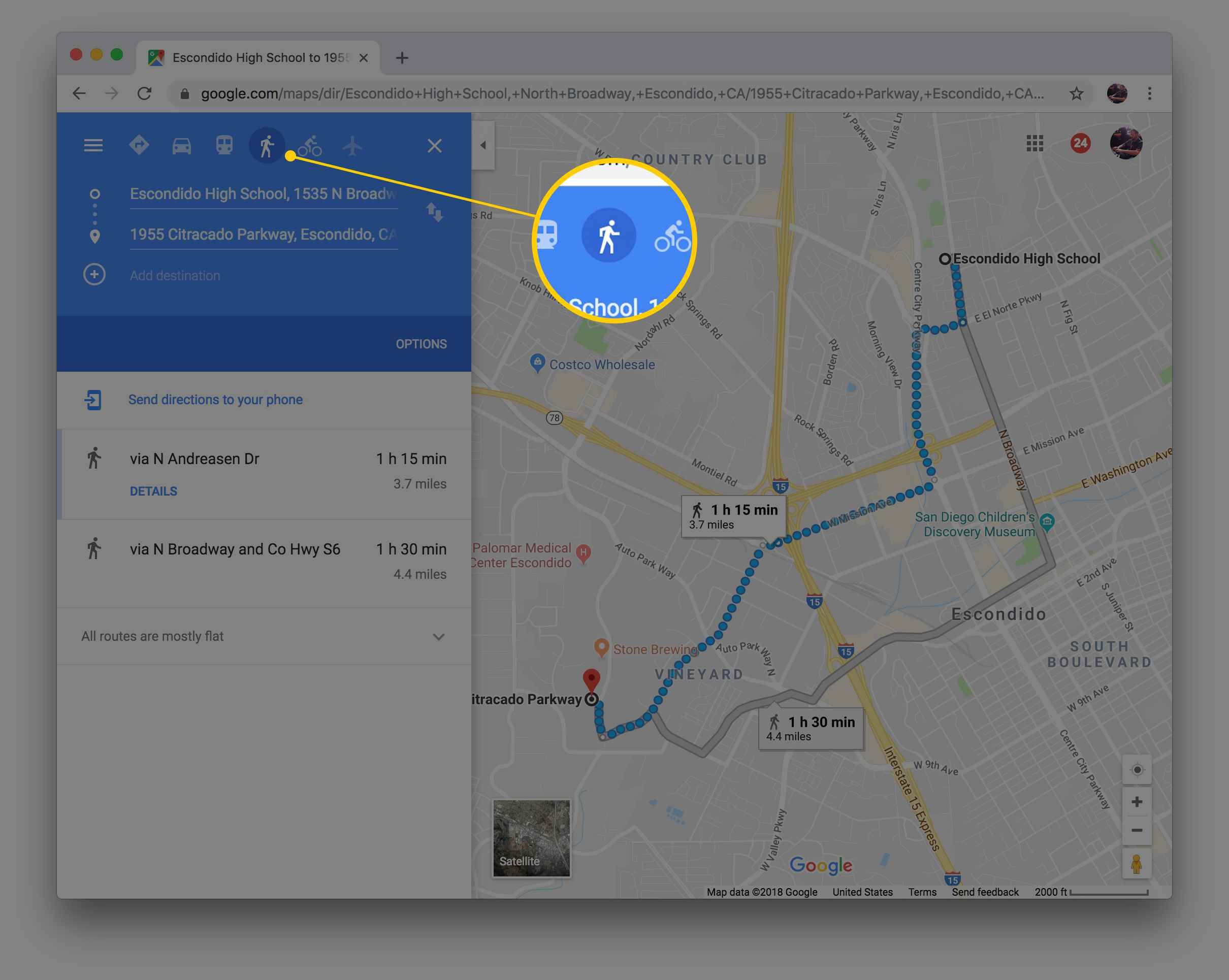 Снимок экрана кнопки маршрутов в Google Maps