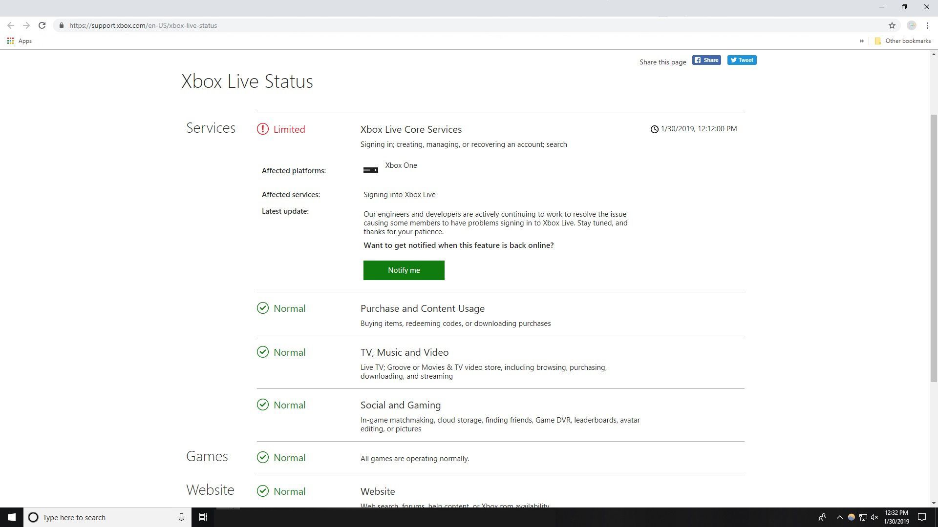 Страница статуса Xbox Live