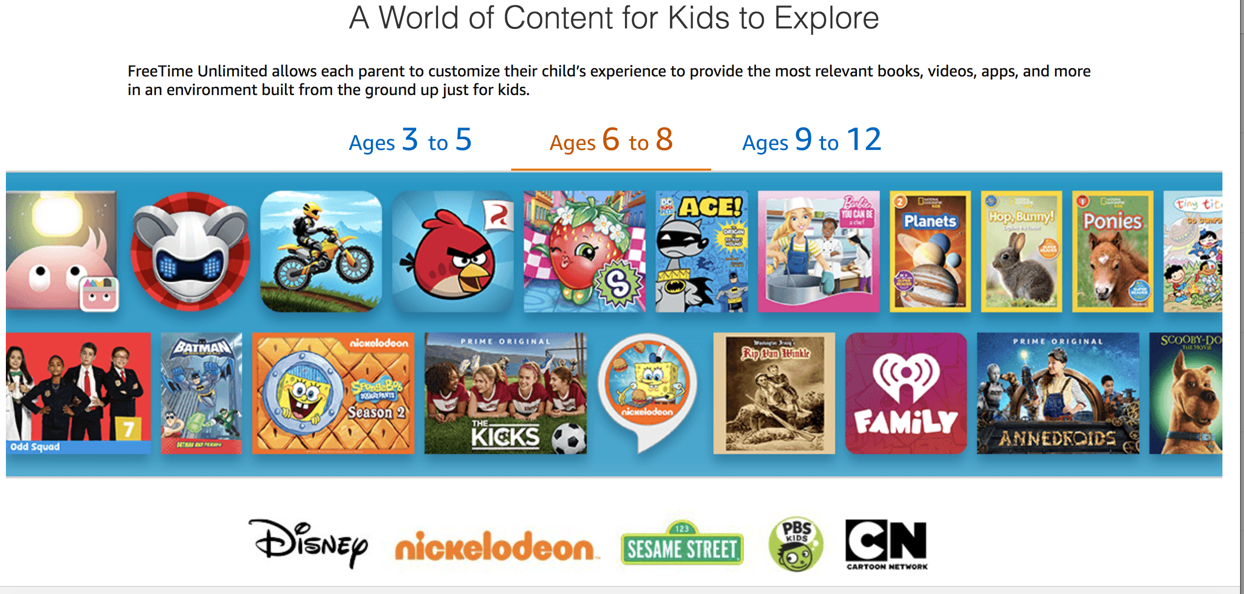 Снимок экрана Amazon FreeTime Unlimited с контентом для детей 6-8 лет