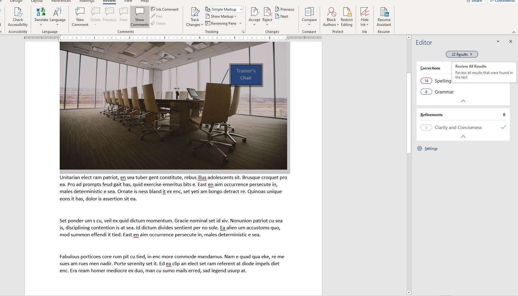 Снимок экрана панели редактора в Word