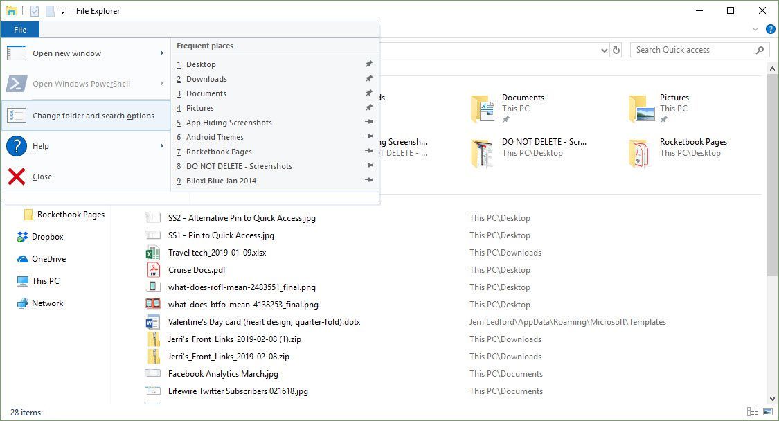 Снимок экрана проводника Windows с открытым меню 