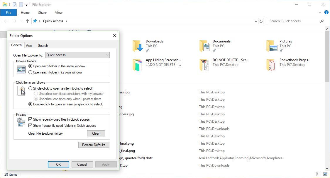 Снимок экрана проводника Windows с открытым окном параметров папки.