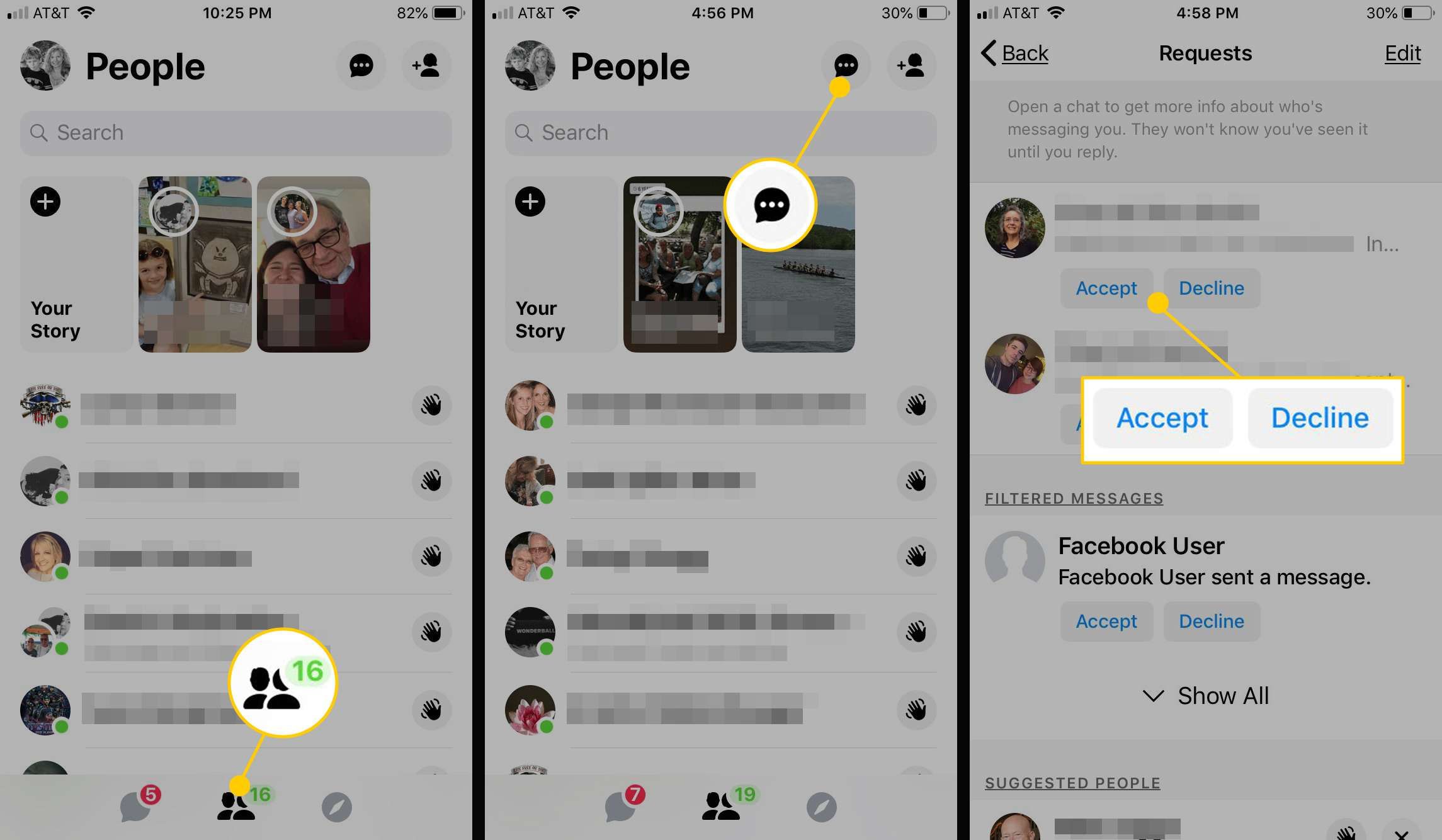 Снимки экрана, показывающие, как найти скрытые сообщения Facebook в Messenger для iOS.