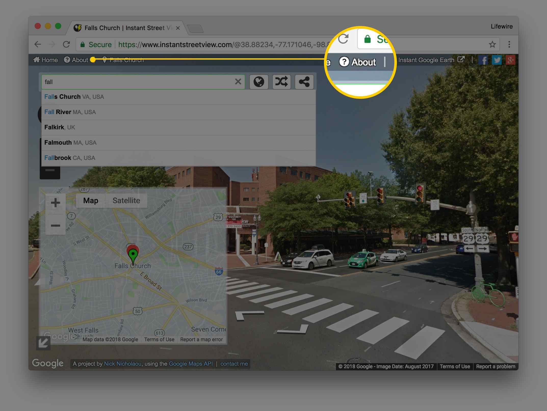 Снимок экрана мгновенного просмотра улиц в браузере Chrome с фокусировкой на кнопке 