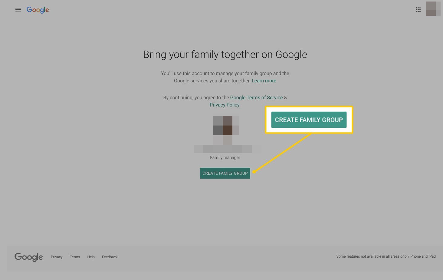 Кнопка Создать семейную группу в Google