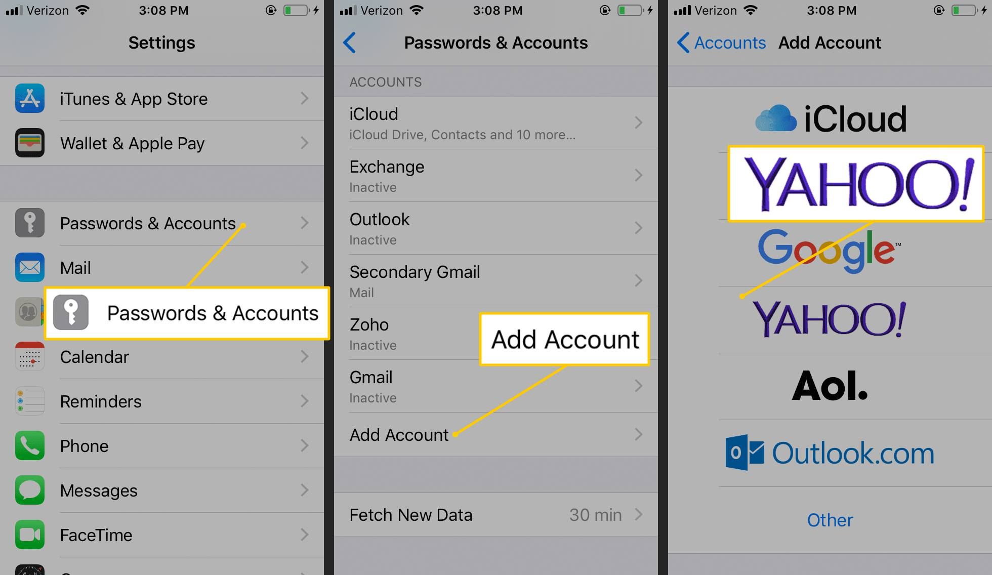 Пароли и учетные записи, Добавить учетную запись, Yahoo! кнопка в iOS