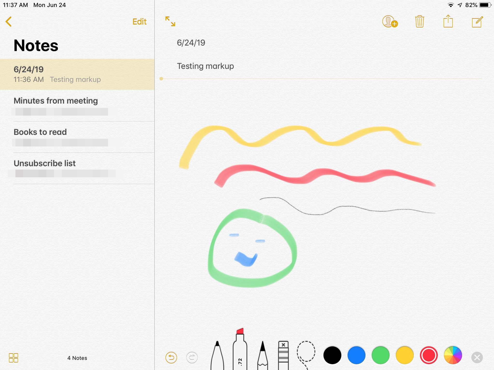 Экран, показывающий инструменты рисования и выделения приложений Note