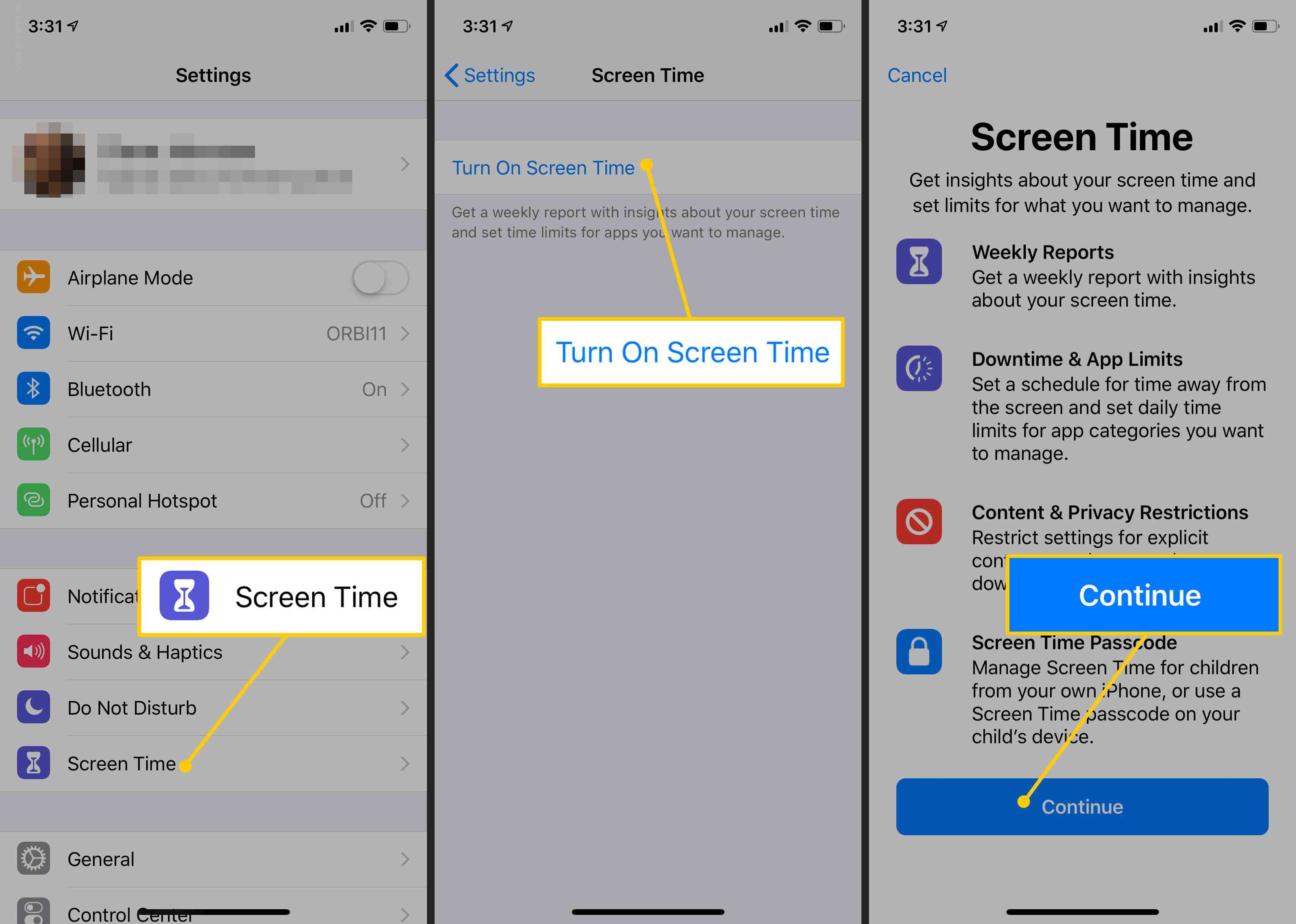 Время экрана, время включения, кнопки продолжения в iOS