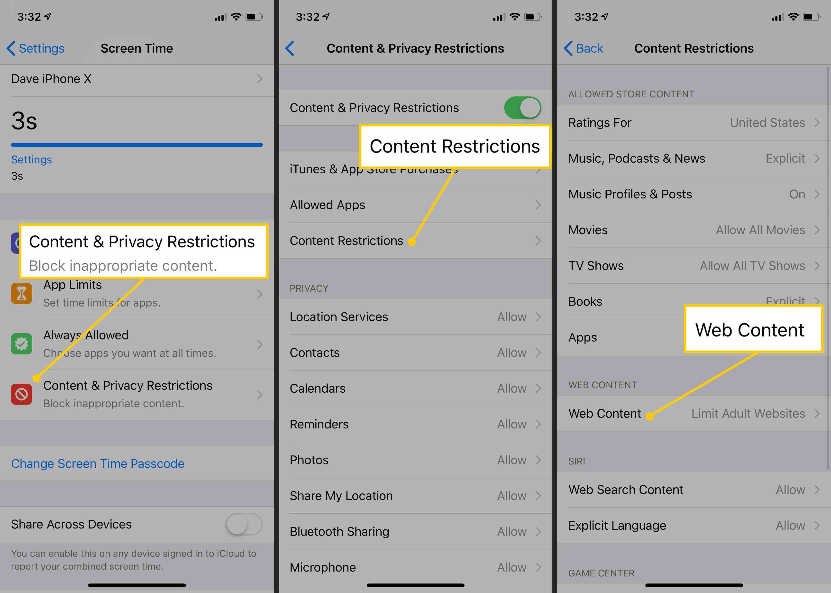 Контент и ограничения конфиденциальности, Контент ограничения, веб-контент на iOS