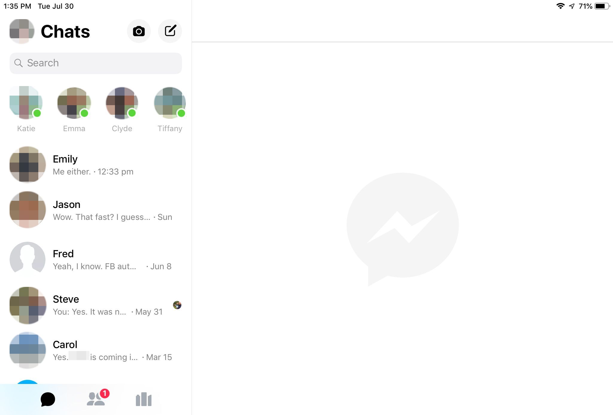 Экран открытия приложения iOS Messenger на iPad