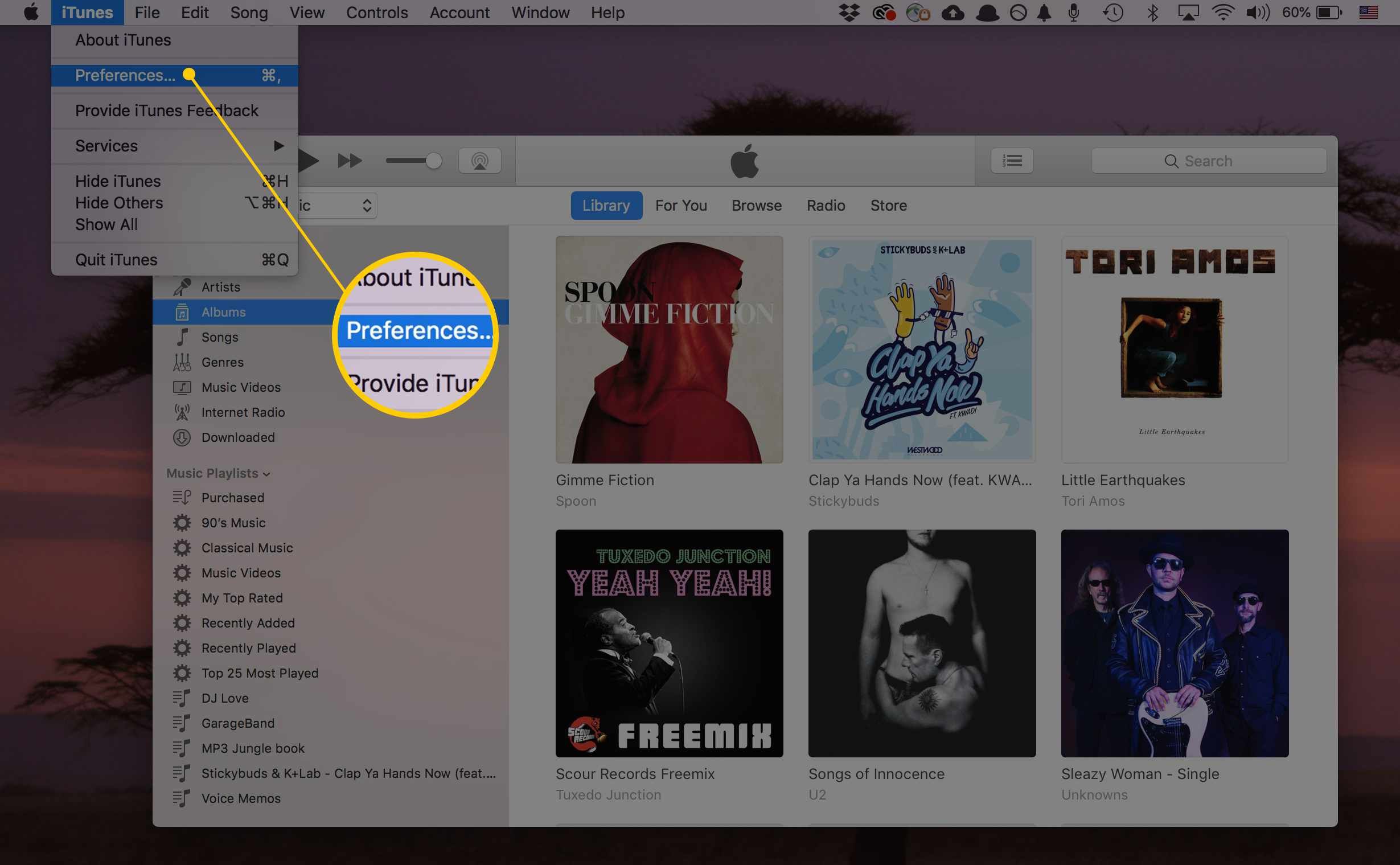 Снимок экрана: пункт «Настройки iTunes» в меню iTunes