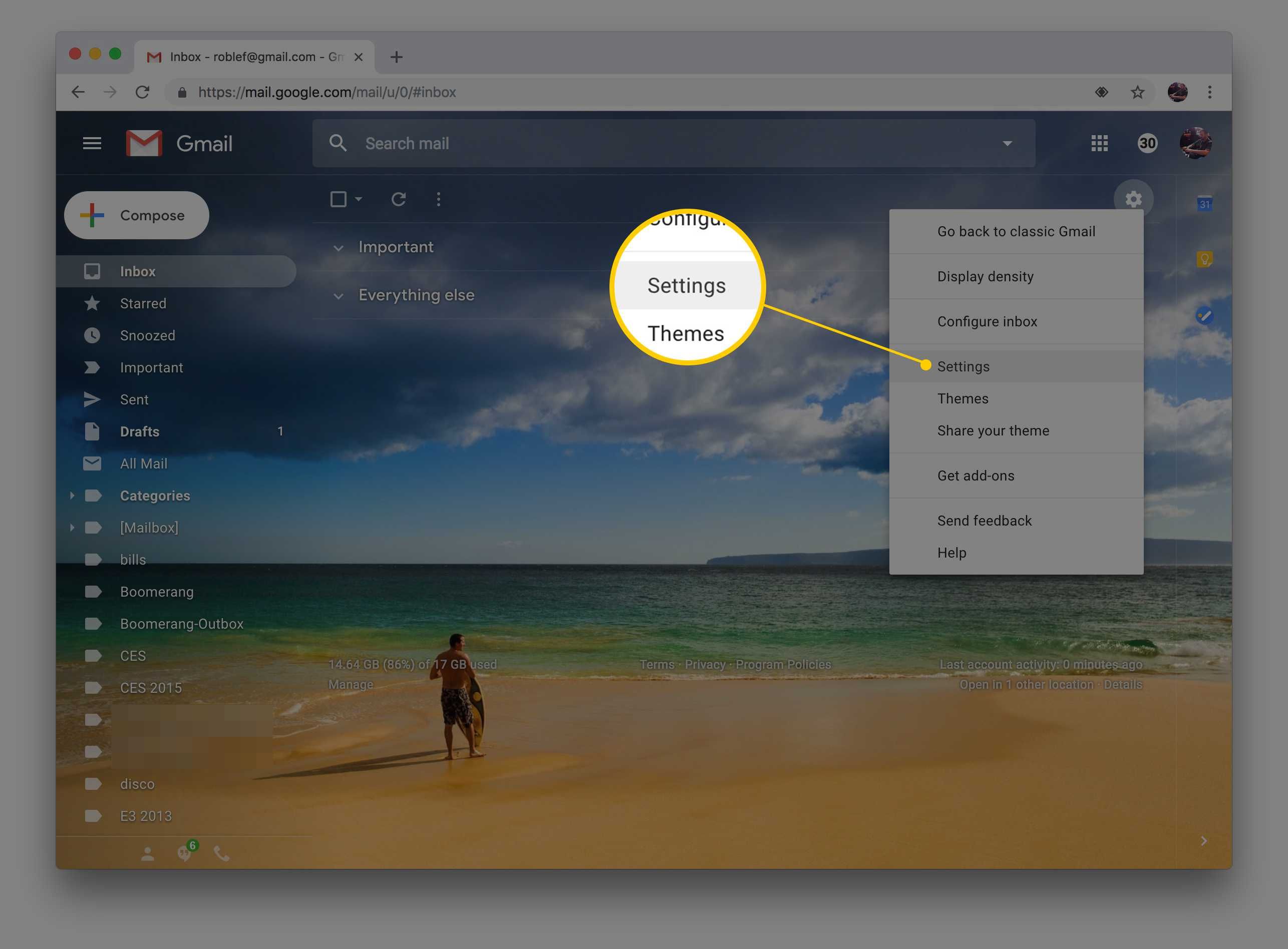 Окно настроек Gmail в браузере Chrome, показывающее механизм настроек