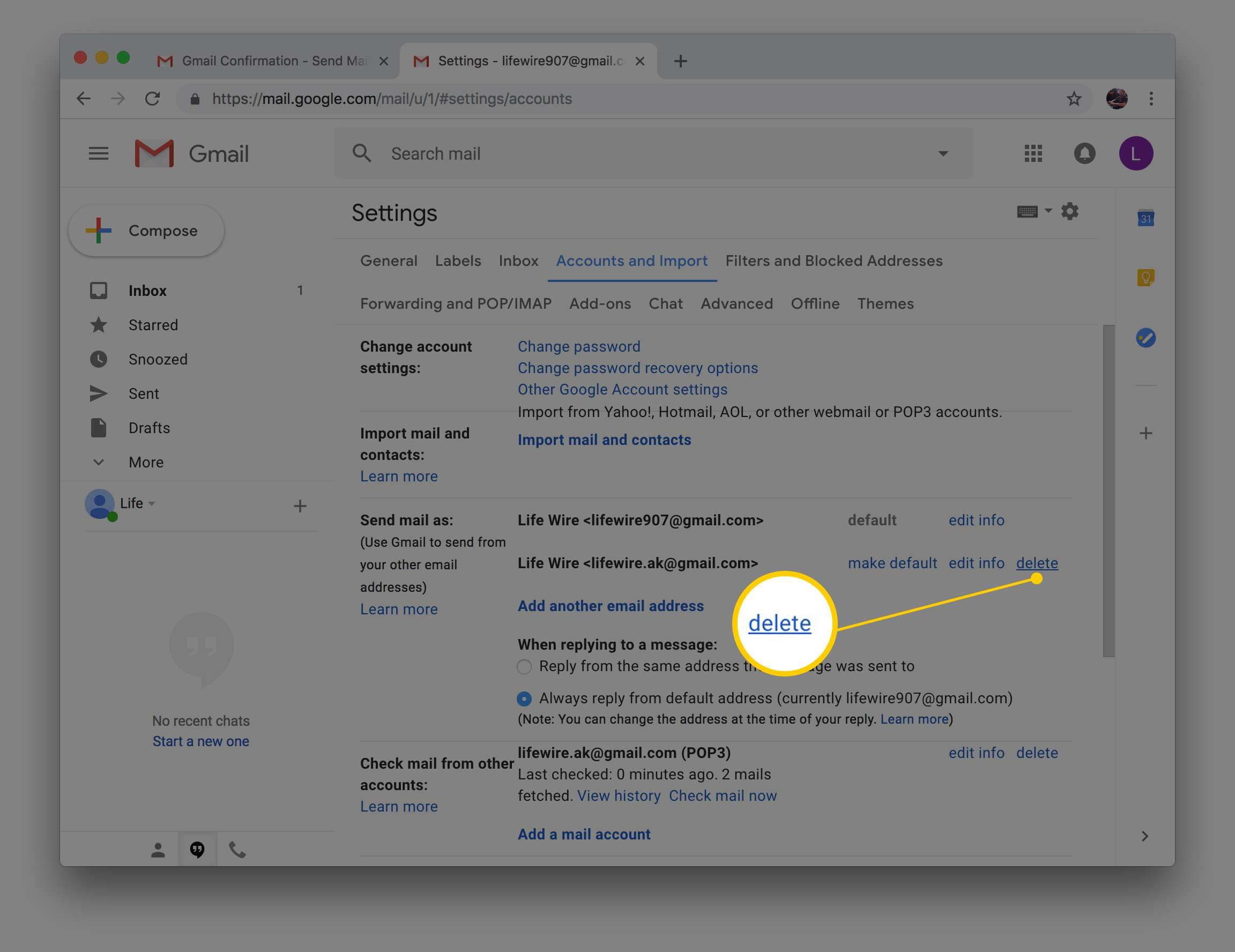 Снимок экрана настроек в Gmail, показывающий кнопку удаления новой учетной записи