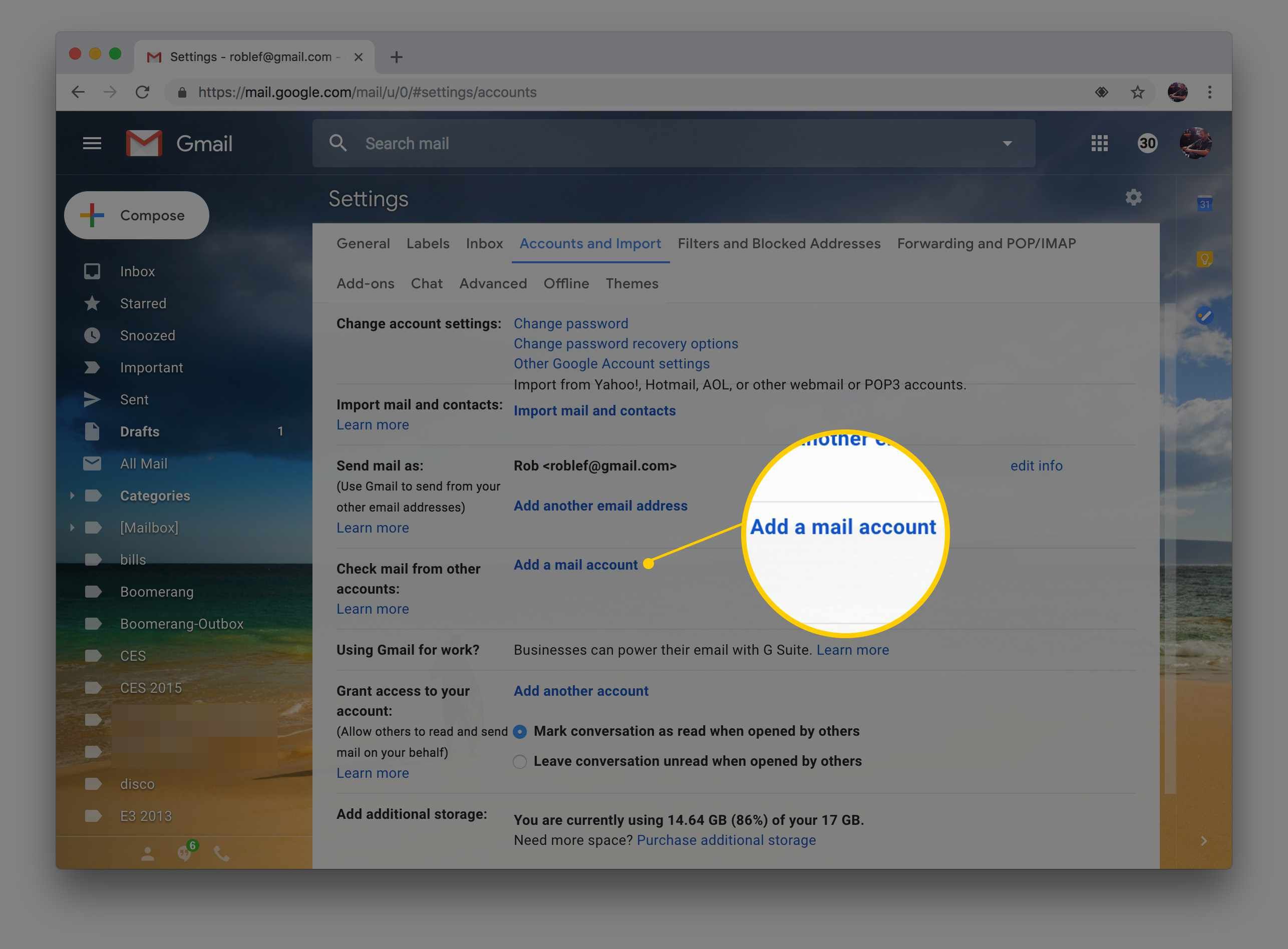 Настройки Gmail, браузер Chrome, показывающий опцию Добавить почтовый аккаунт