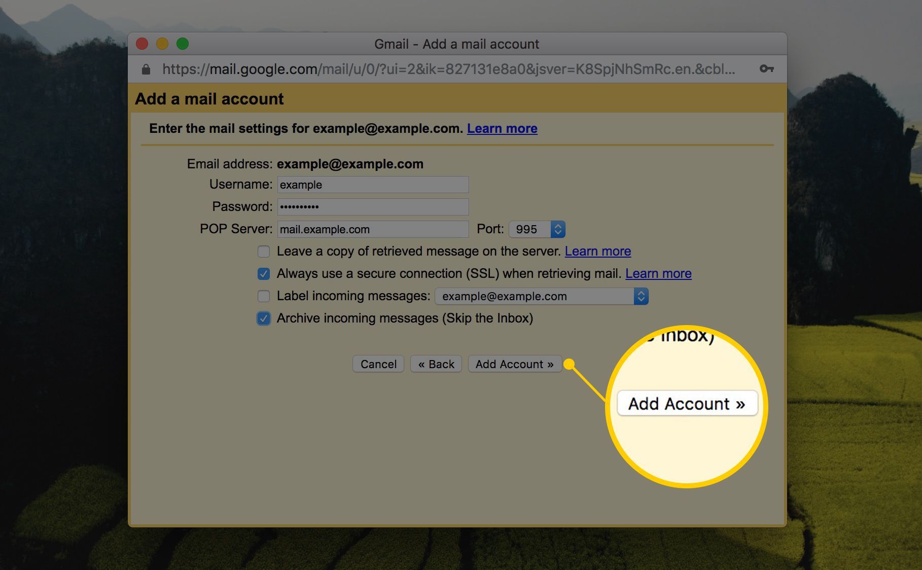 Добавить всплывающее окно почтовой учетной записи для Gmail с указанием параметров порта и пароля, а также кнопку «Добавить учетную запись»