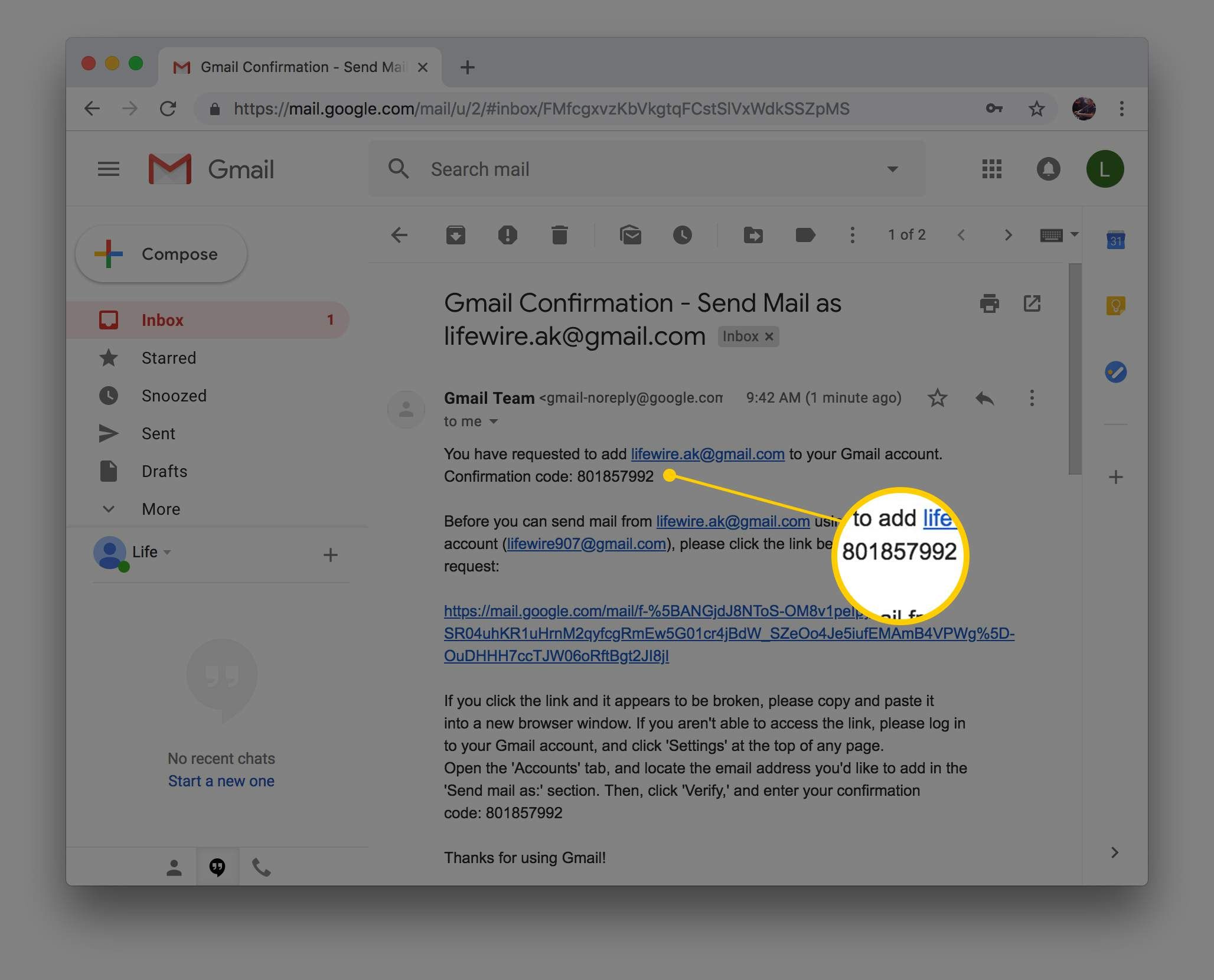 Новый код подтверждения аккаунта в Gmail
