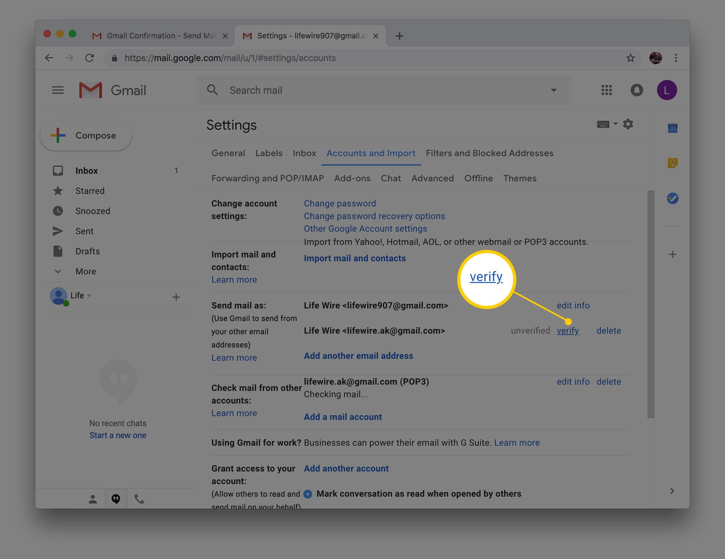 Подтвердите новую учетную запись Gmail в настройках импорта Gmail