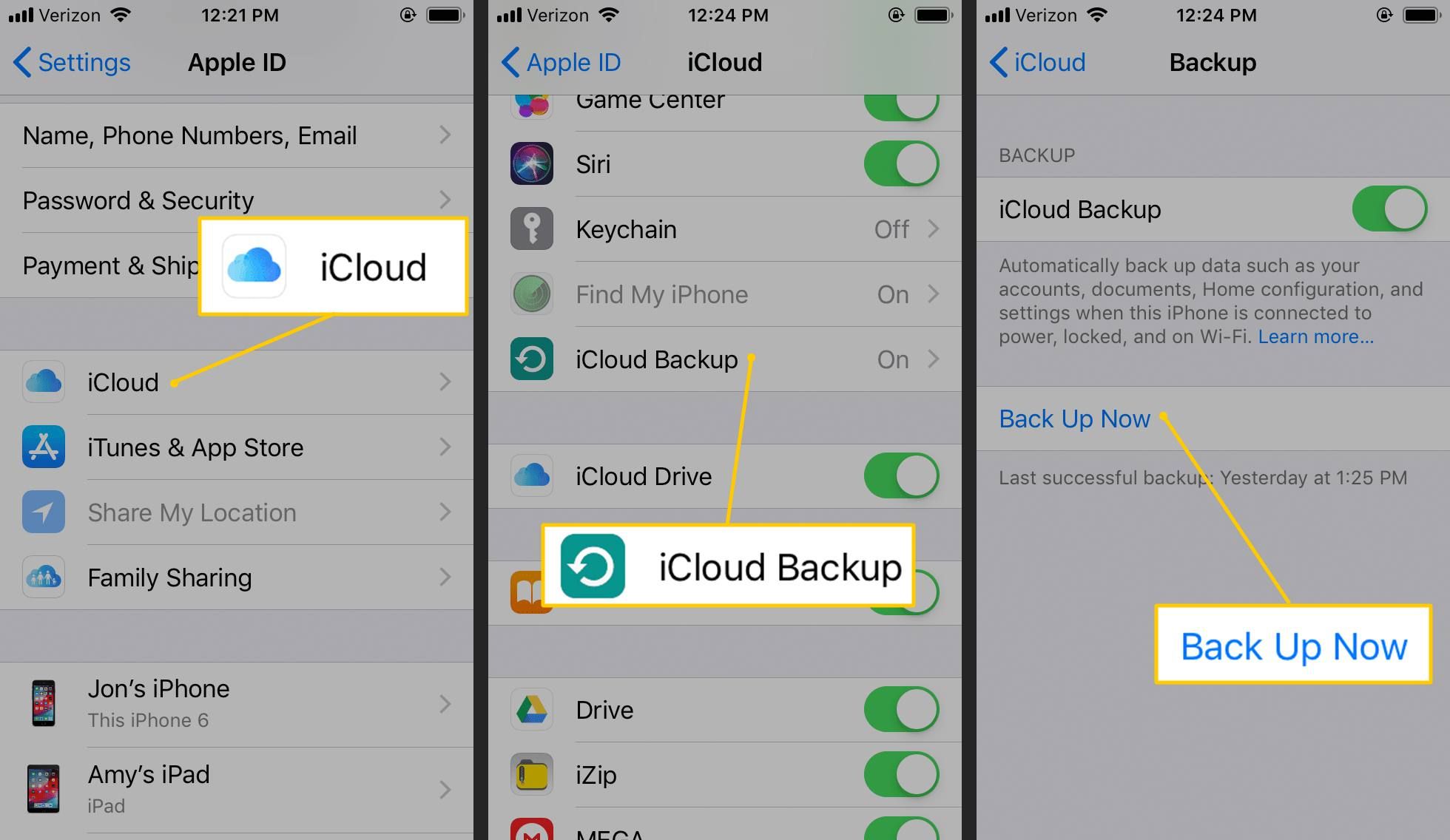 Кнопки iCloud, iCloud Backup, Back Up Now в настройках iOS