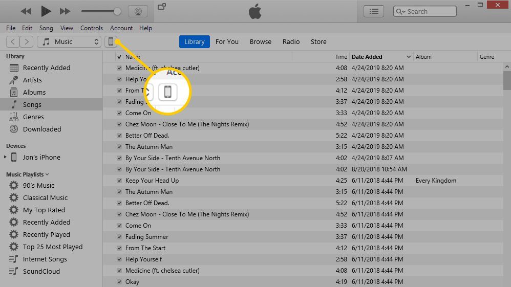 Значок телефона в iTunes в Windows