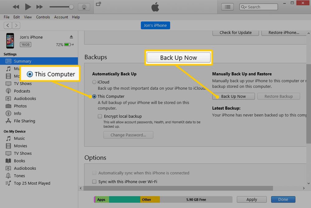 Этот компьютер, кнопки «Резервное копирование сейчас» в iTunes для Windows