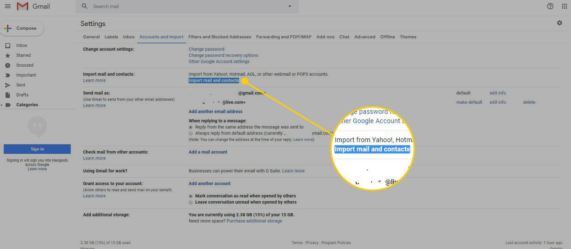 Вкладка «Аккаунты и импорт» в настройках Gmail с выделенной кнопкой «Импорт почты и контактов»