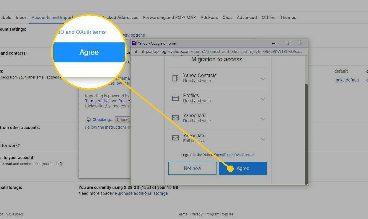 Экран разрешения миграции в Gmail с выделенной кнопкой «Согласен»