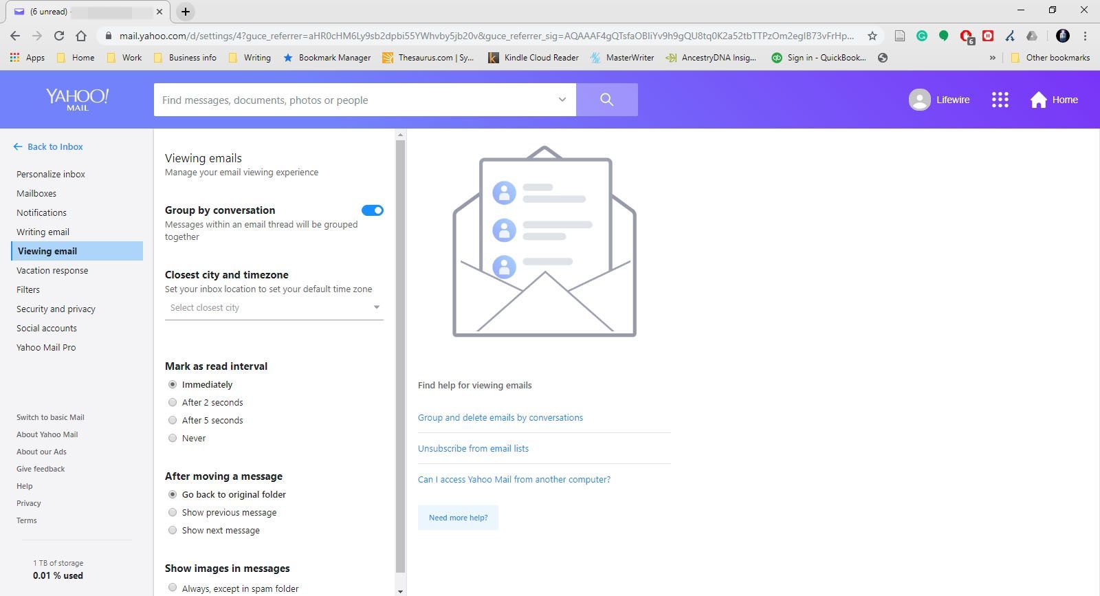Просмотр настроек электронной почты в Yahoo Mail.