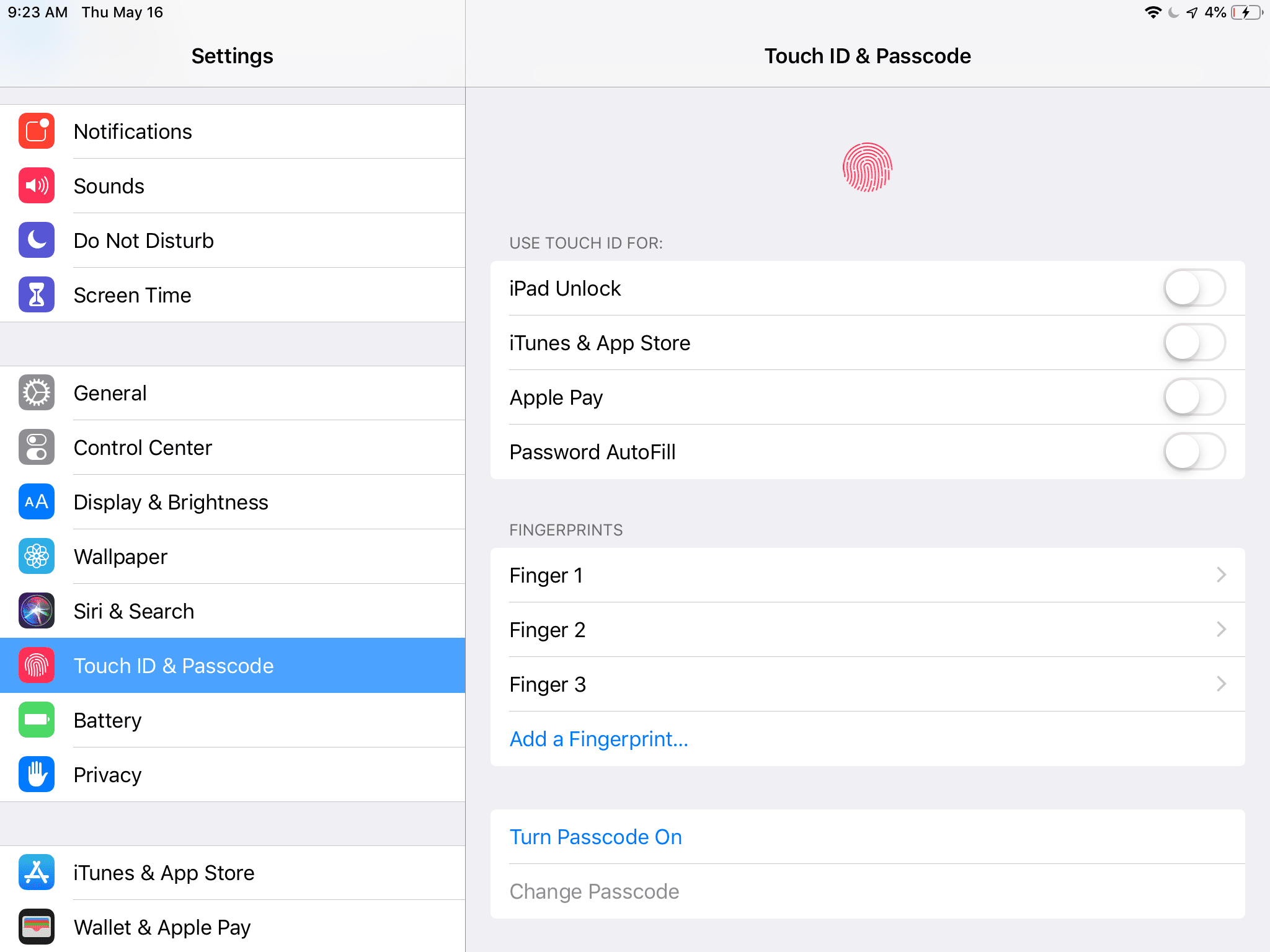 Сенсорный экран ID и пароля на iPad