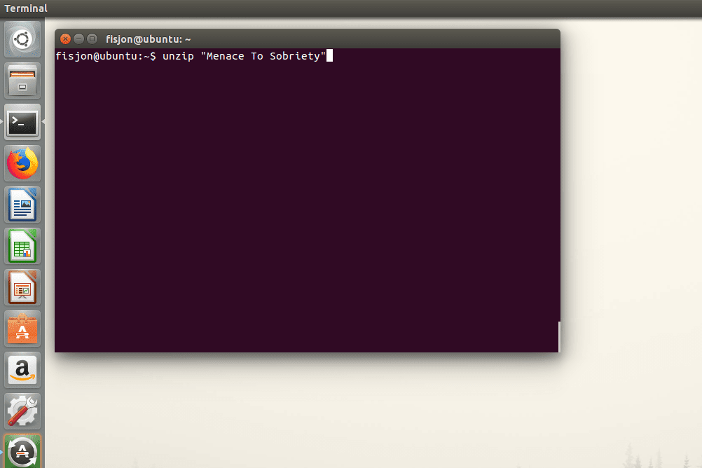 Снимок экрана, показывающий, как использовать команду unzip в Linux