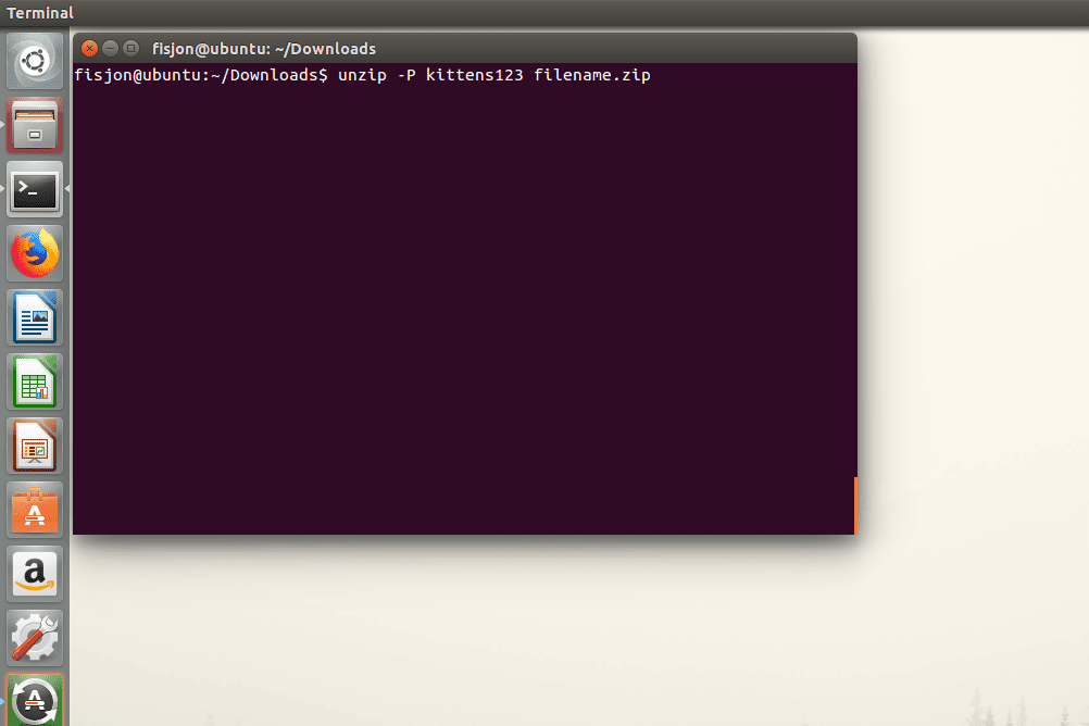 Снимок экрана: команда unzip, используемая с ключом -p в Ubuntu