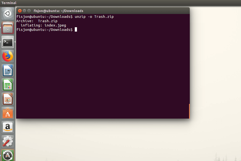 Снимок экрана с параметром -o, используемым с командой unzip в Ubuntu