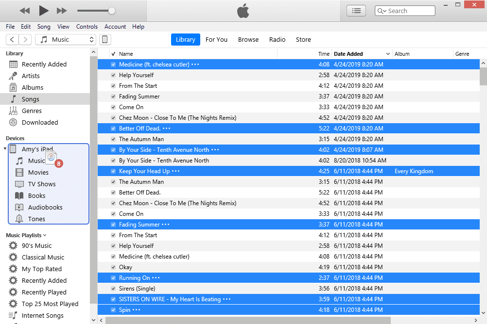 Песни iTunes скопированы на iPad